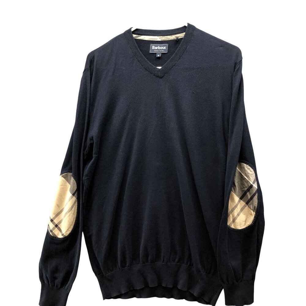 Barbour V-Neck Sweater Mens‎ M Elbow Patch Cotton Navy Blue Lightweight Tartan